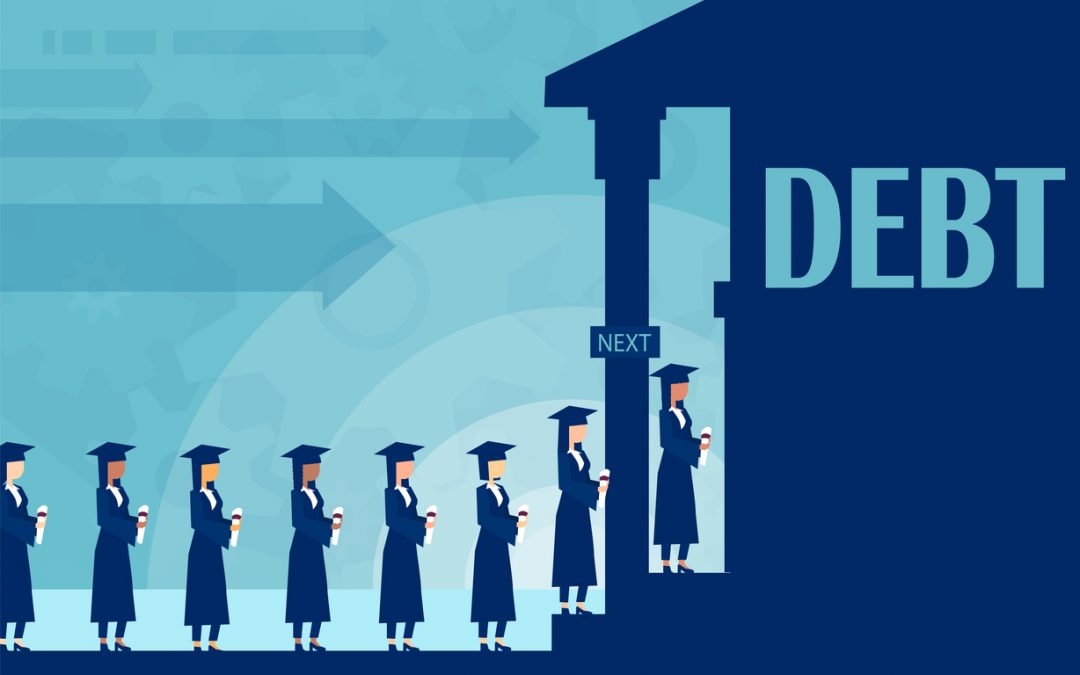 Graphic with people in graduation gowns and caps lined up outside a building labeled DEBT. Illustrates ways to manage student loan debt