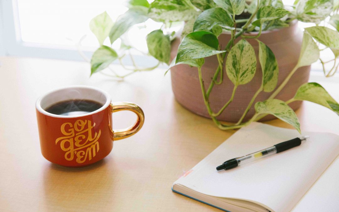 Coffee mug and plant next to notebook, pen on desk, represents marketable skills