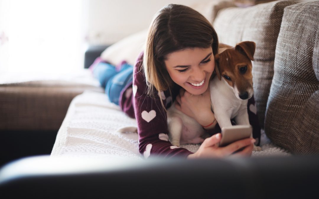 Beautiful woman with her dog while using a phone to illustrate setting up a pet trust.