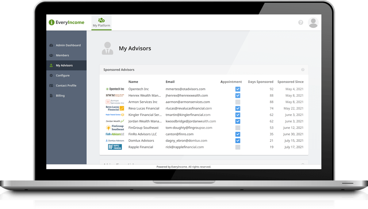 EveryIncome for Asset Managers - My Advisors List